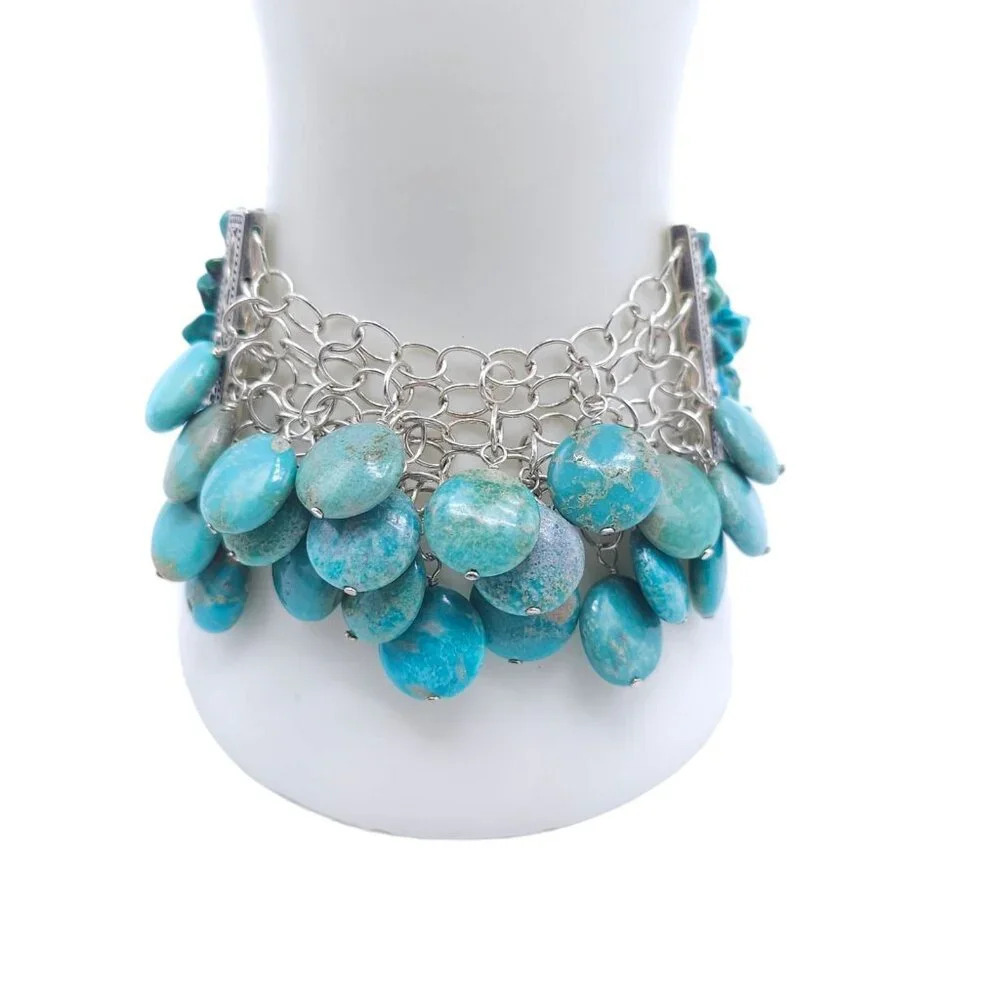 Blue Turquoise Chips Multi Strand Bangle Bracelet Silver Tone Vintage